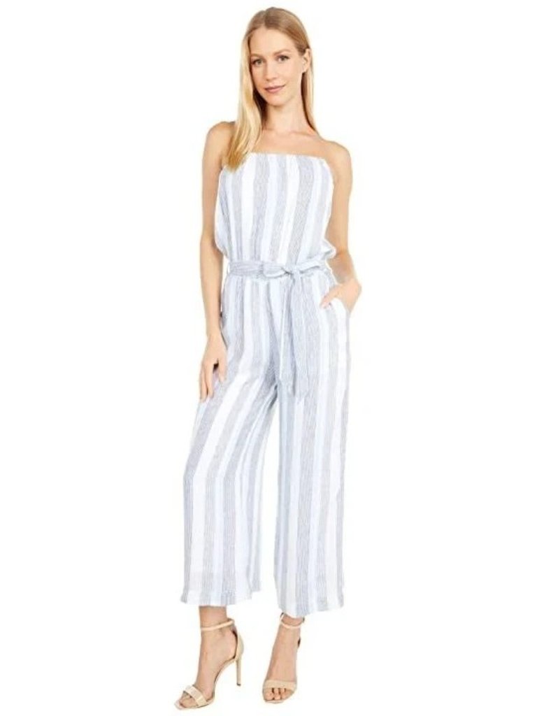 Splendid Linen Tie Waist Strapless Jumpsuit Sea Stripe Size S Blue White $188